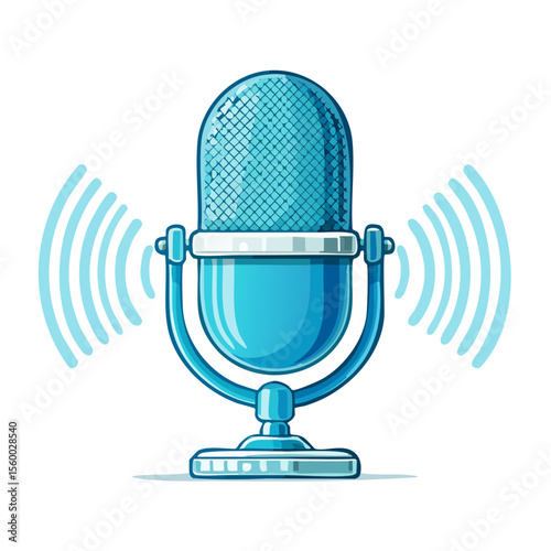 Vivid blue retro microphone broadcasting sound waves on black background perfect for podcasting or vintage music recordings