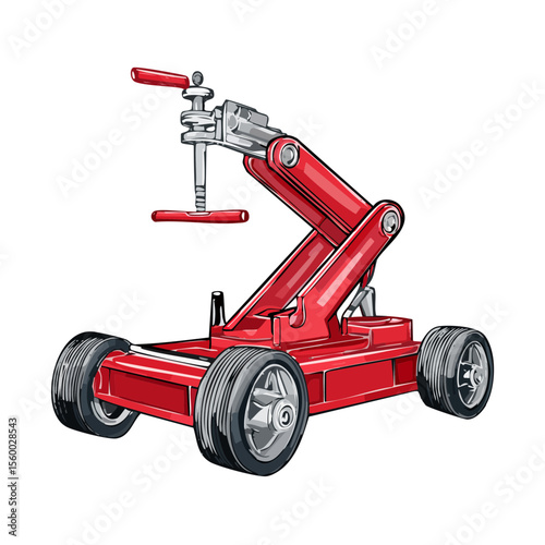 Illustration of a red mobile floor jack for automotive repairs and maintenance on a black background for professional car work
