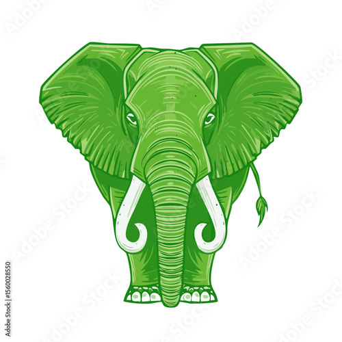 Illustration of a Green Elephant Standing Facing Forward with Tusks on a Black Background