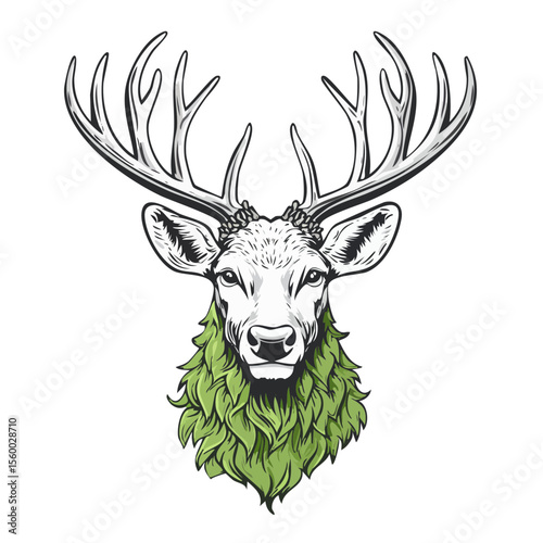 Illustration of a deer head with green foliage beard against a black background Majestic antlers and detailed face Ideal for nature themes