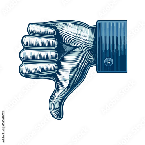 Engraved style hand showing thumbs down gesture Negative feedback symbol disapproval sign rejection concept in blue and white on black background