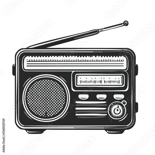 Illustration of a vintage radio receiver with antenna on a black background