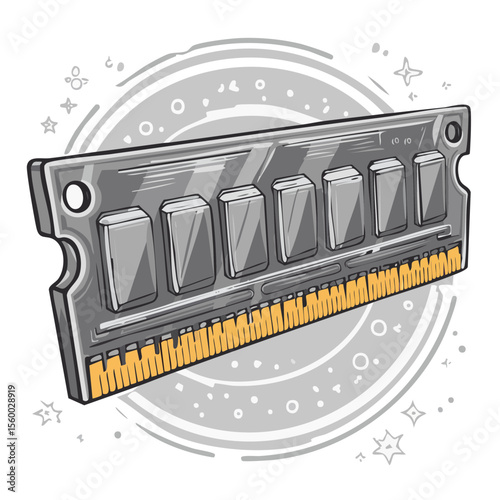 Doodle illustration of a RAM stick with stars and a circular element on a black backdrop