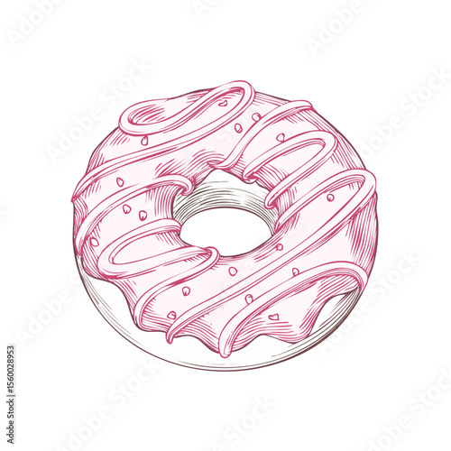 Hand Drawn Pink Frosted Donut with Sprinkles Illustration Sweet Treat Concept Delicious Dessert Bakery Pastry Snack Graphic Art