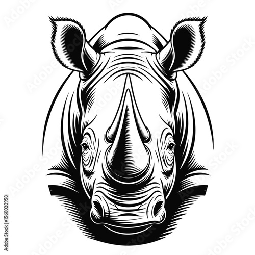 A black line illustration of a rhinoceros face in close-up