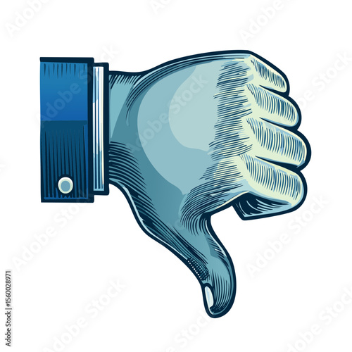 Engraved hand showing thumbs down gesture on black background representing disapproval or disagreement in artistic style