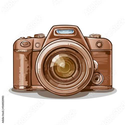 Illustration of a modern digital camera Graphic representation of photo equipment with large lens isolated on black background