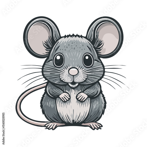 Cartoon illustration of a gray mouse with whiskers, big ears, and round eyes on a black background, creating a cute and friendly image.