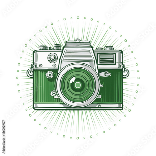 Vintage Green Camera with Sunburst Design on Black Backdrop Art