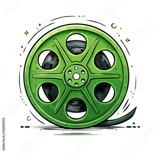 Green Film Reel on Black Background Cinema Entertainment Movie Industry