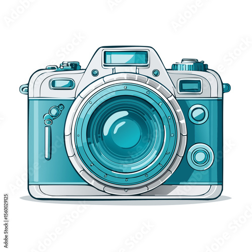 Illustration of a Teal and White Camera with Lens and Buttons on a Black Background
