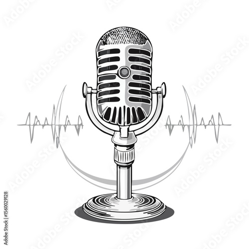 Vintage microphone and sound wave illustration for podcasting or broadcasting purposes over black background vector design element
