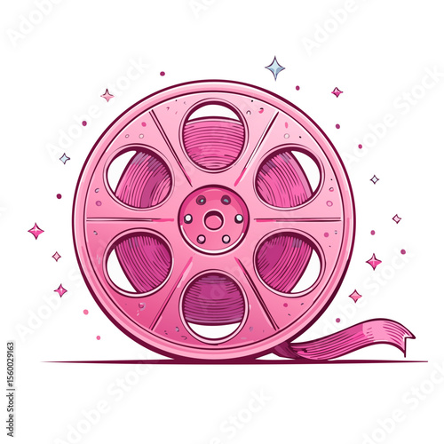 Cartoon Pink Film Reel with Stars and Ribbon Icon Illustration for Movie Concept Creation Production and Digital Media Content