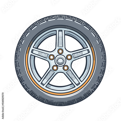 Illustration of a modern car wheel with a five spoke rim design and stylized rubber tire