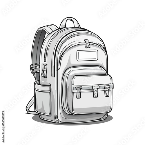 Stylish backpack, vector illustration. School bag, travel rucksack with pockets and zippers in monochrome outline. Knapsack for college, hiking, sports.