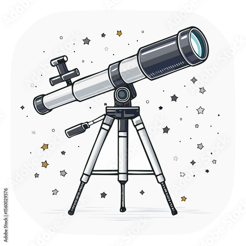 Telescope Illustration with Starry Sky Elements Observation Space Astronomy Cartoon Style