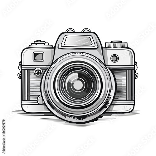 Stylized retro camera illustration in monochrome with a lens detail for photography enthusiasts and vintage design projects