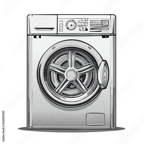 Front-loading washing machine appliance with door open for laundry room design or product advertisement. Vector drawing on a black background.