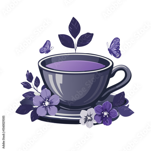 Purple Tea Cup with Butterflies and Flowers Illustration on Black Background. Design element for a botanical theme or a decorative background.