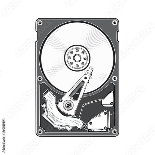 Damaged Hard Disk Drive Illustration, Open Computer Storage Component on Black Background