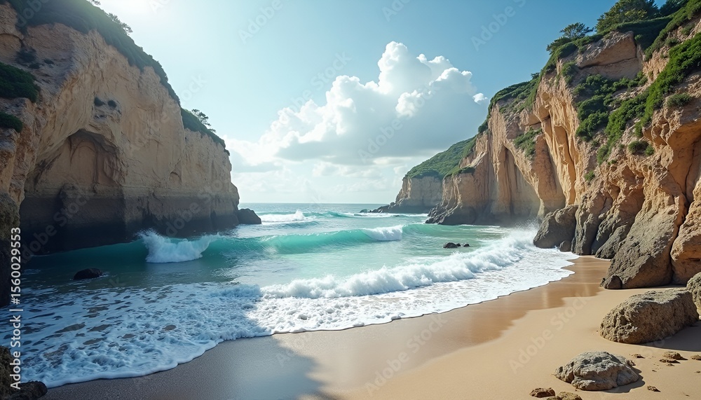 Fototapeta premium Secluded Cove Beach with Turquoise Waves