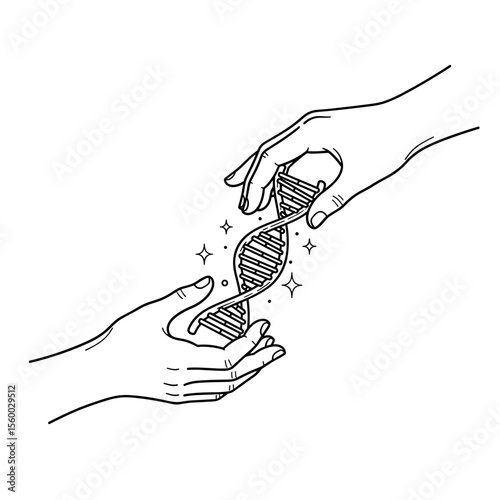 Hands exchanging a DNA strand illustration in minimalist style
