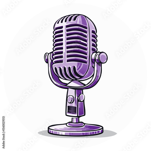 Purple vintage microphone illustration for podcast studio or music event design. Retro broadcast equipment on isolated white backdrop.