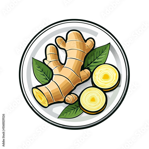Isolated Ginger Root and Slices Served on White Plate with Green Leaves Culinary Herb Ingredient