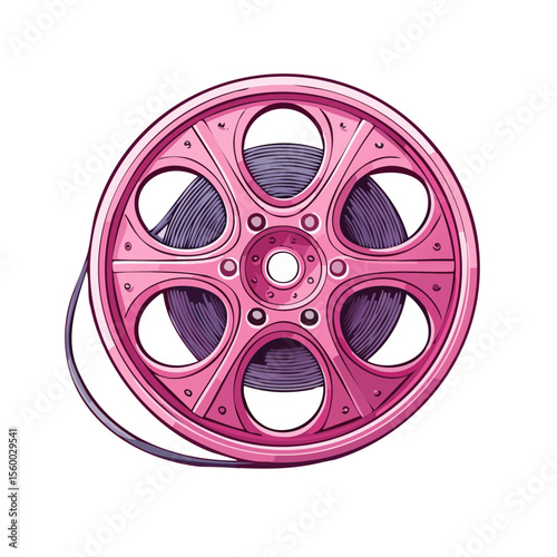 Pink film reel illustration for movie production and entertainment industry on black background vintage cinema media equipment