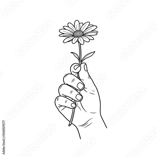 Child's hand holding a daisy illustration in minimalist style