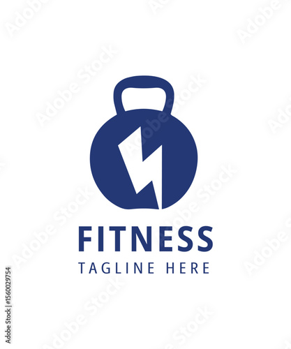 Gym power logo design idea with kettle bell and thunder symbol in negative space. Emblem kettlebell logo design,  Fitness gym logo template