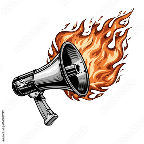 Cartoon Megaphone on Fire Symbolizing Urgent Announcements and Powerful Communication