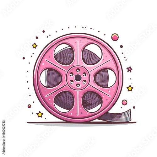 Charming cartoon illustration of a film reel movie icon in pink surrounded by stars and planets on a black background. A vintage cinema symbol.