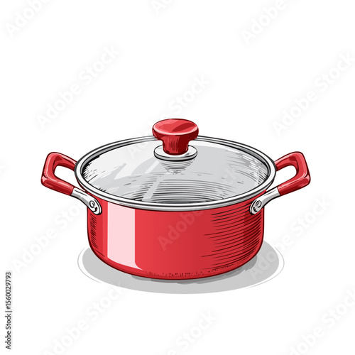 Red cooking pot with glass lid, illustration style for culinary concepts and healthy cooking, for recipe and kitchen design art