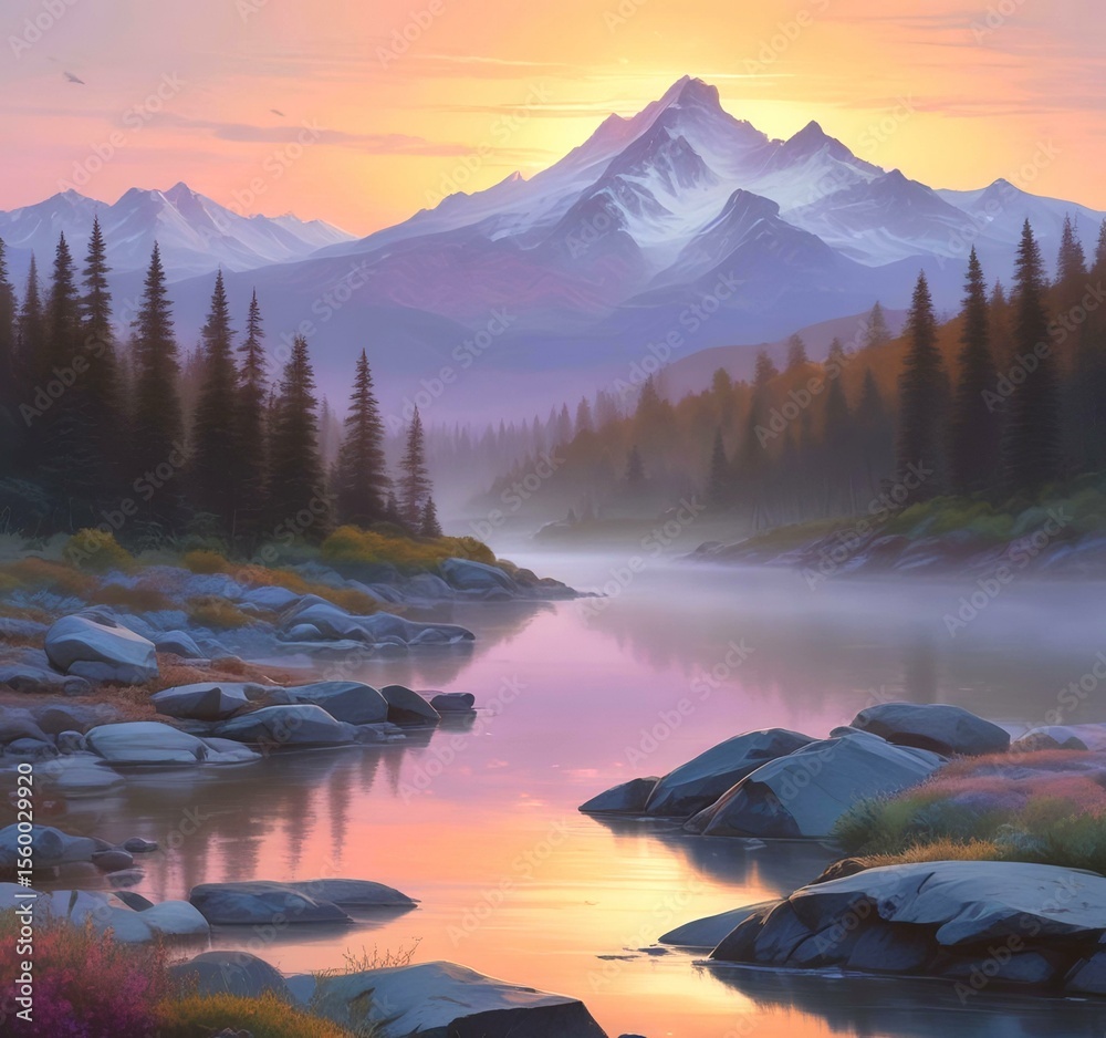 Obraz premium Illustration sunrise landscape in pastel colors.