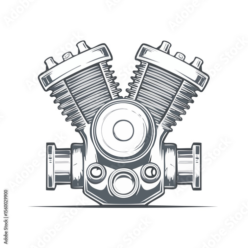 Classic Motorcycle Engine Vector Illustration Vintage Biker Design Mechanical Power Chrome and Black Parts Cylinders and Pistons