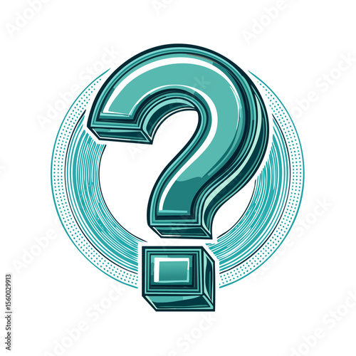 Stylish Turquoise Question Mark in Circular Halftone Graphic Design on Black Background, Representing Inquiry, Mystery, and Uncertainty