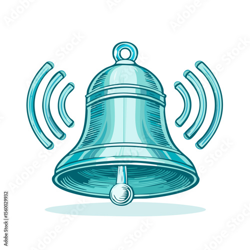 Ringing Bell Sound Waves Notification Alert Calling Vintage Retro Alarm Teal Design