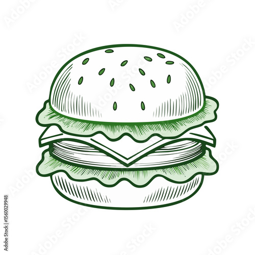 Graphic Line Art Illustration of a Burger with Lettuce and Cheese on Dark Background