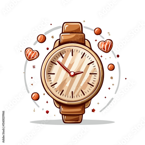 Elegant watch illustration with hearts and circles against a black background for Valentine's or romance themes