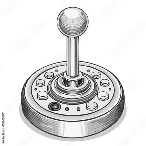 Monochrome vector drawing of a retro joystick with buttons for gaming entertainment and virtual reality interaction, vintage control element illustration