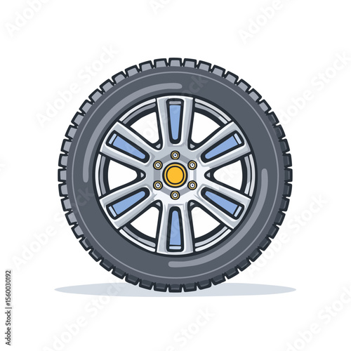 Automobile Tire Illustration with Rim and Detailed Tread Pattern on Black Background