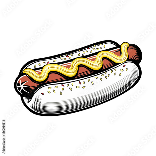 Classic Hot Dog with Mustard and Sesame Seeds on a Bun against Black Background  Tasty Fast Food Treat Illustration