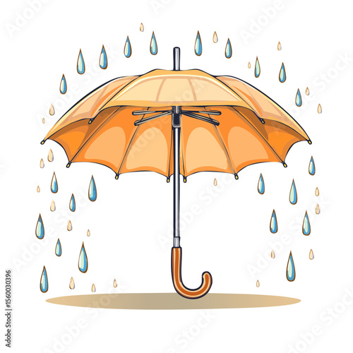 Orange Umbrella in the Rain Cartoon Illustration on Black Background