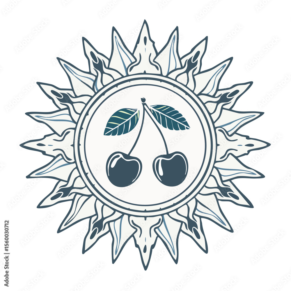 Fototapeta premium Stylized Cherries Surrounded by Ornate Circular Sunburst Design Illustration