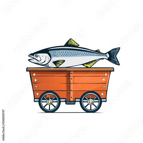 Fresh Salmon on an Orange Wooden Cart with Wheels Vector Illustration Seafood Concept Food Transportation Gourmet Cuisine