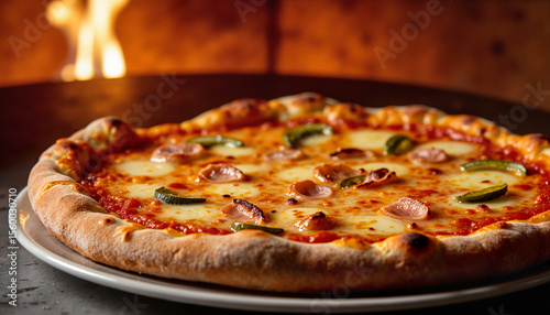 Wallpaper Mural Freshly baked pizza with cheese and toppings on a wooden table   Torontodigital.ca