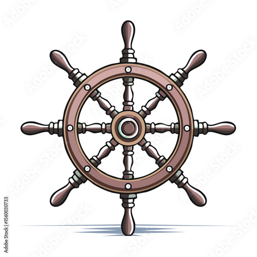 Cartoon Illustration of a Wooden Ship Steering Wheel Classic Nautical Navigation Tool