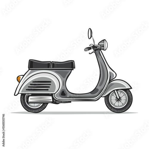 Classic scooter vector art grayscale illustration Retro scooter for travel and urban lifestyle Transportation vintage style on black background