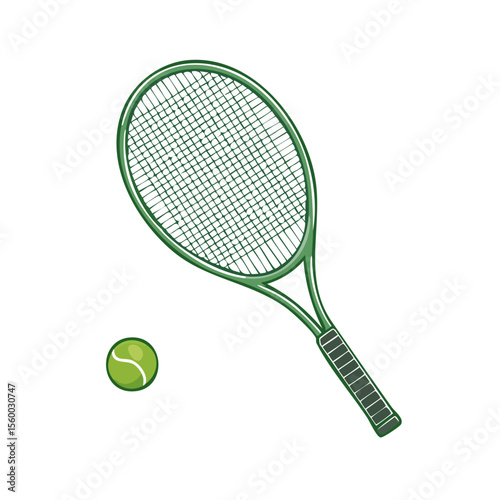 Illustration of a Green Tennis Racquet and Tennis Ball on Black Background